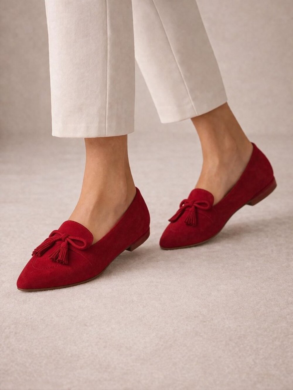 Talbots Francesca Red Suede Driving Flats Bow Tassel Pointed Toe 6.5